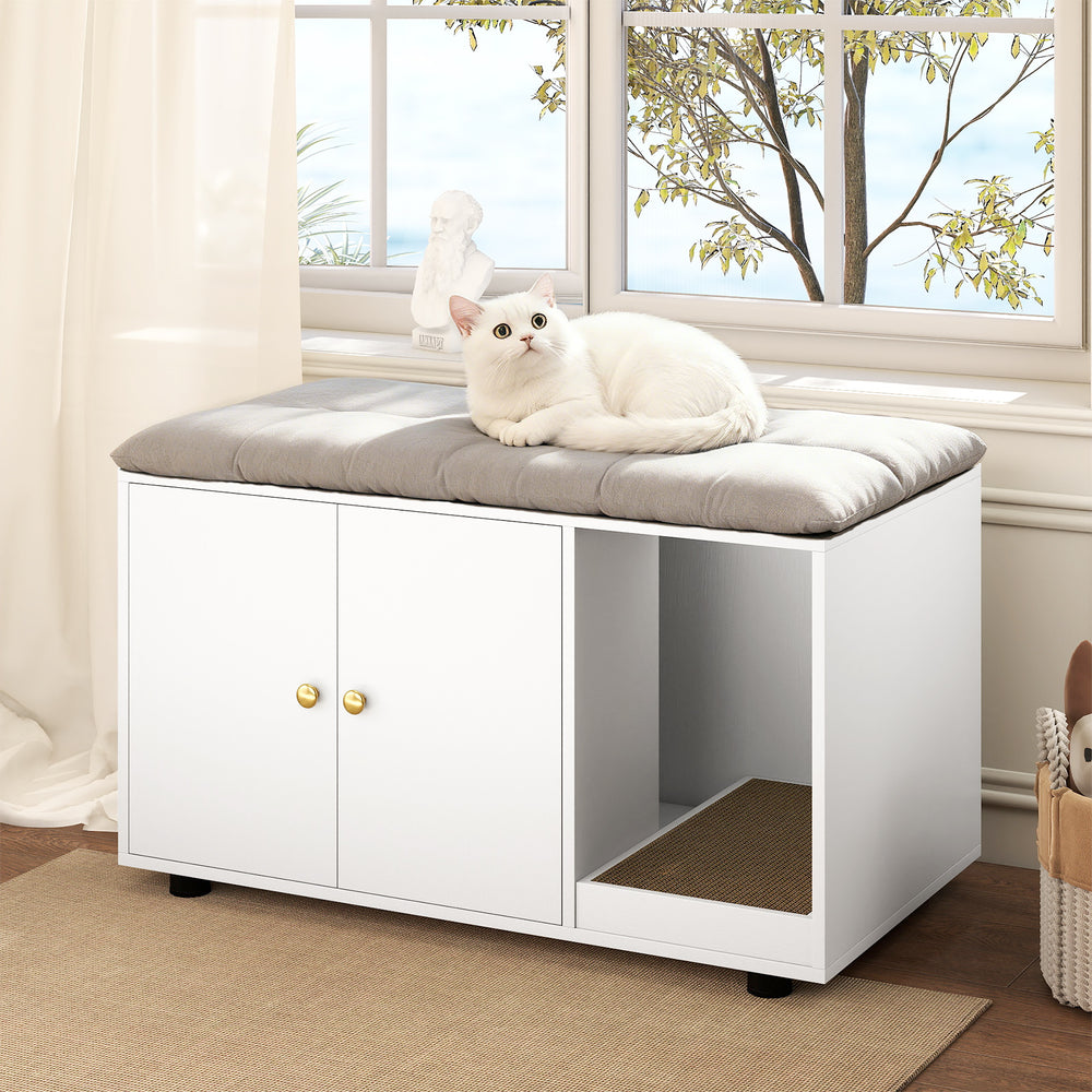 Wooden Cat Litter Box Enclosure Hidden Litter Box Furniture with Scratching Board-White - Gallery View 1 of 10