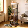 Wooden cat tower with six levels, spacious condo, and padded top perch for lounging and play in a cozy living room.