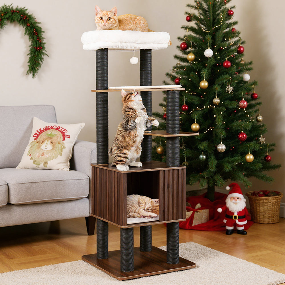 Wooden cat tower with six levels, featuring a spacious condo, padded top perch, and interactive pompom for play.