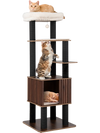 Wooden cat tower with six levels, spacious condo, and padded top perch for climbing, lounging, and scratching.