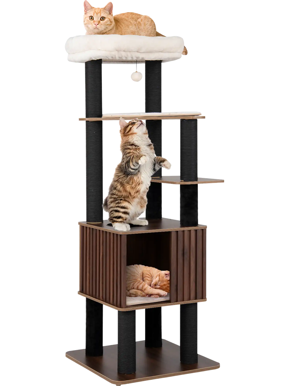 Wooden cat tower with six levels, spacious condo, and padded top perch for climbing, lounging, and scratching.