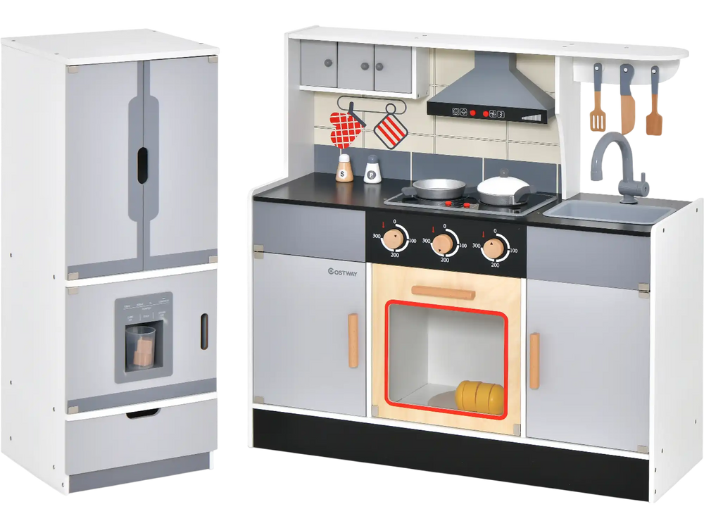 Wooden Chef Play Kitchen and Refrigerator with Realistic Range Hood and Roaster