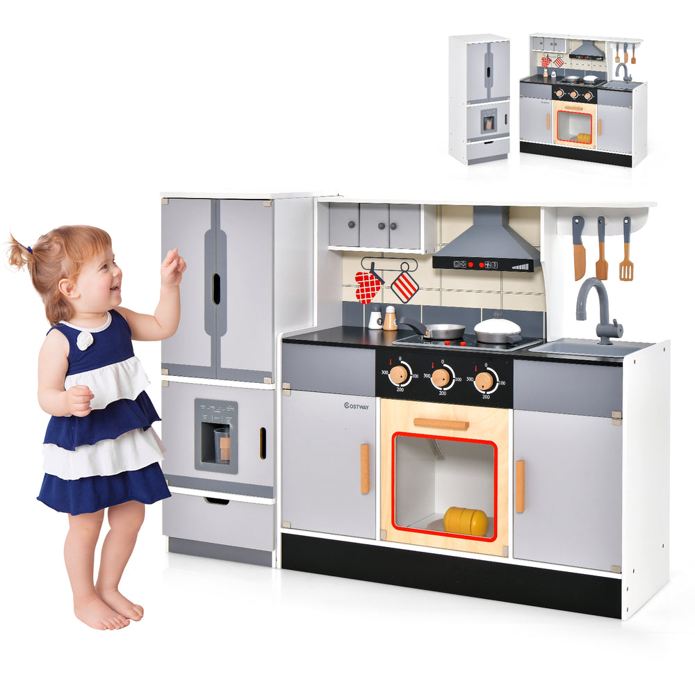 Wooden chef play kitchen with refrigerator, stove, and realistic sound effects for interactive play for kids aged 3 and.