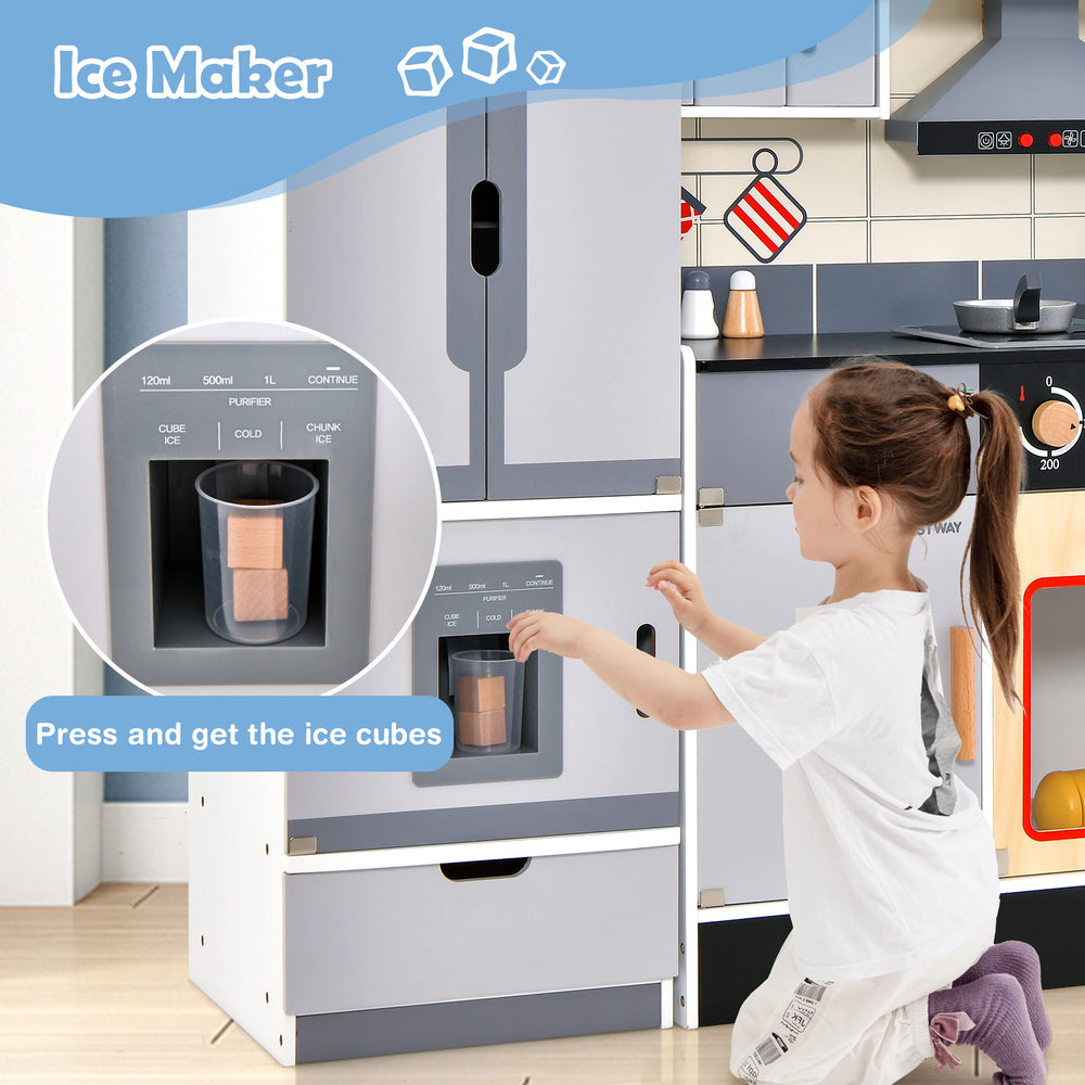 Ice maker feature of the Wooden Chef Play Kitchen, allowing kids to press and get ice cubes for imaginative play.