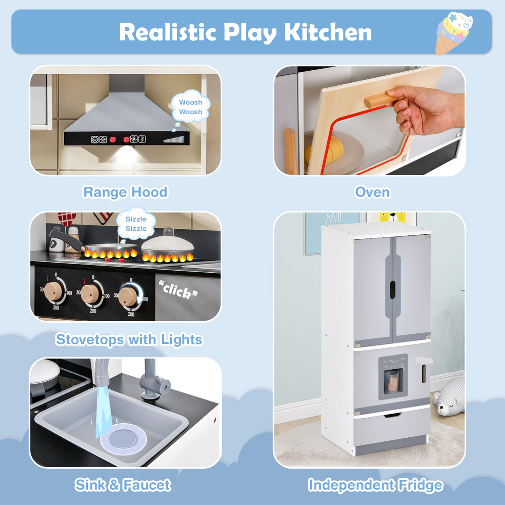 Wooden Chef Play Kitchen featuring a realistic range hood, oven, sink, and fridge for interactive play.