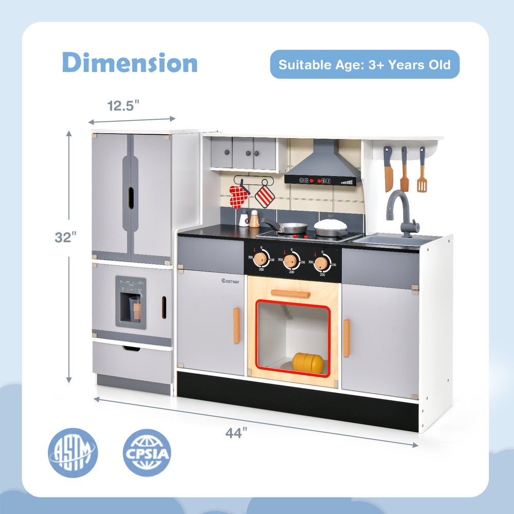 Wooden Chef Play Kitchen with refrigerator, range hood, and realistic features for interactive play, suitable for ages.