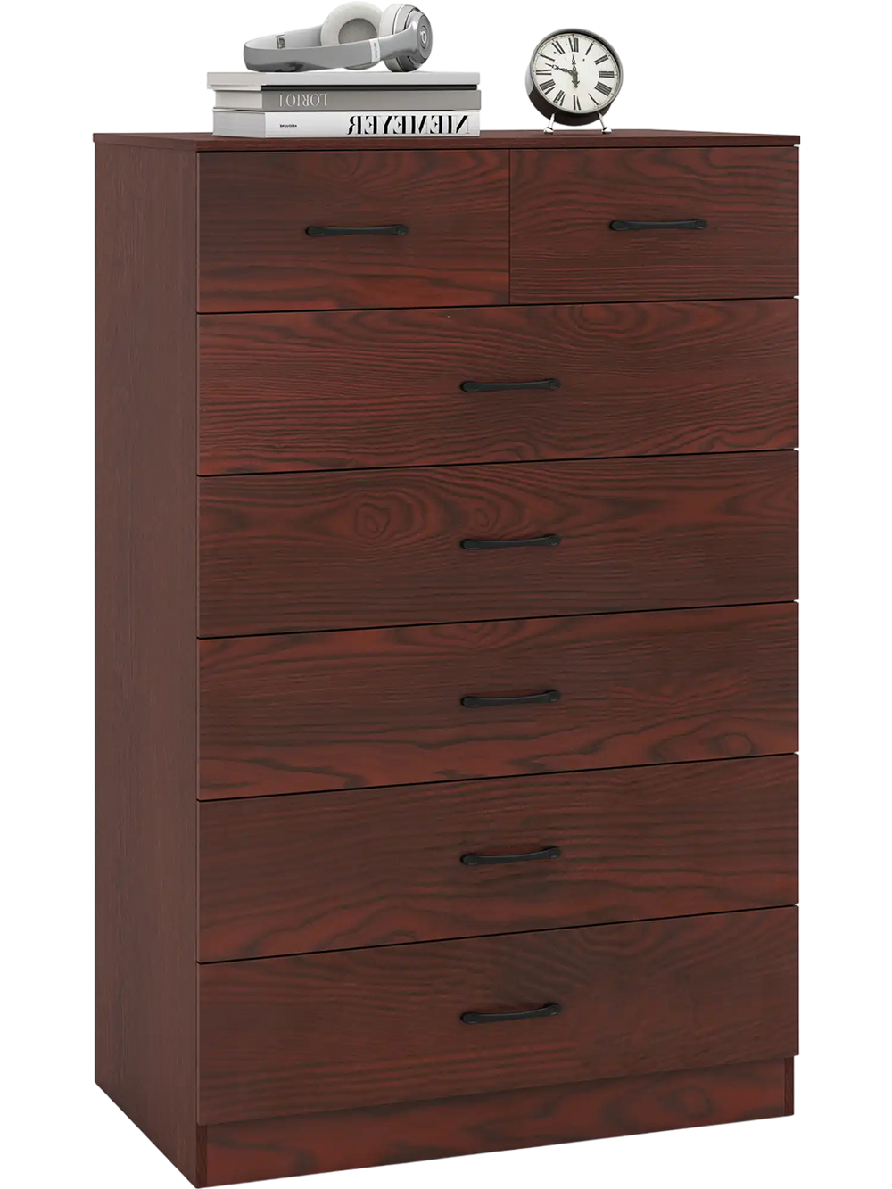 Wooden chest of drawers with 7 spacious drawers, metal handles, and a charming wood grain finish for organized storage.