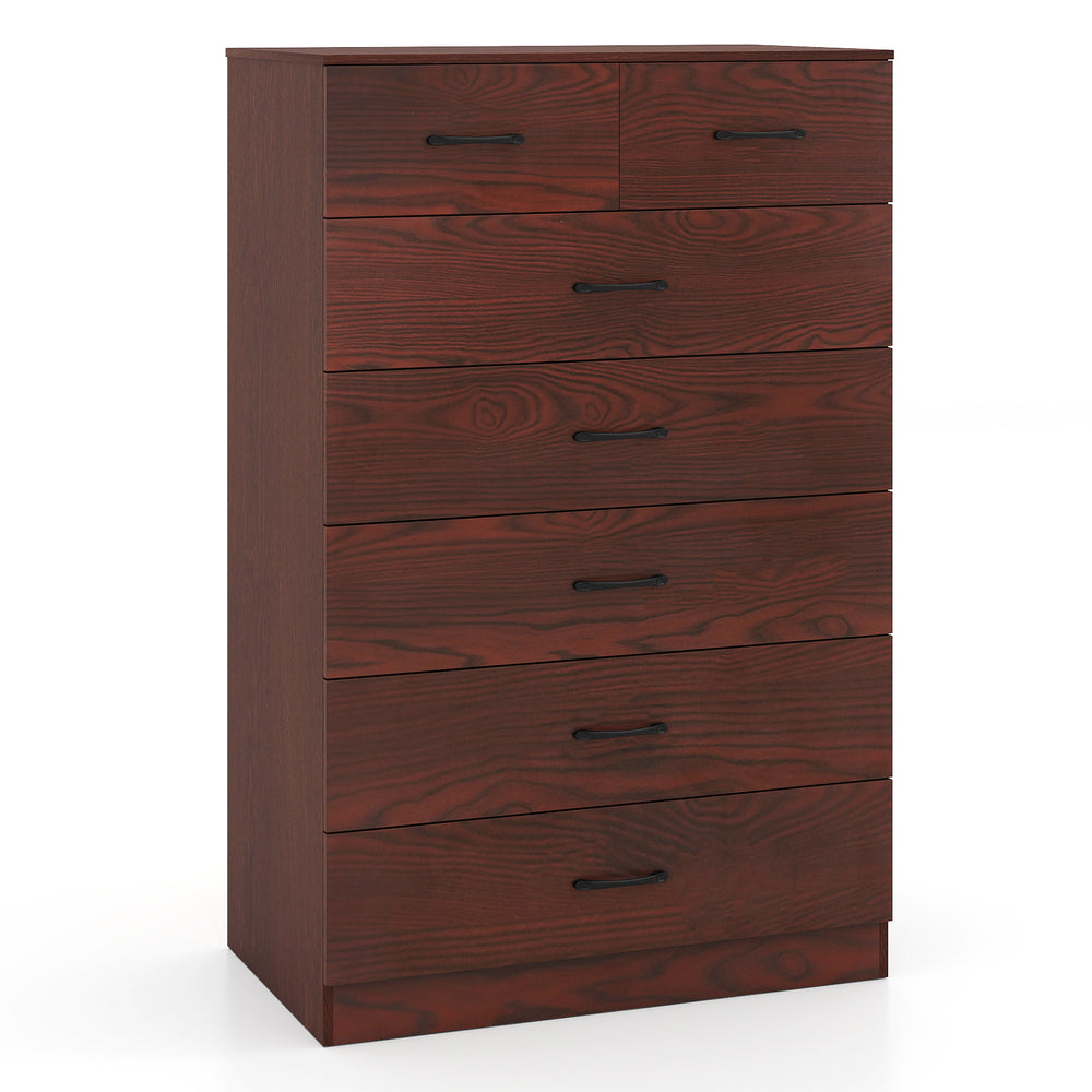 Wooden chest of drawers with seven spacious drawers, metal handles, and a charming wood grain finish for versatile.