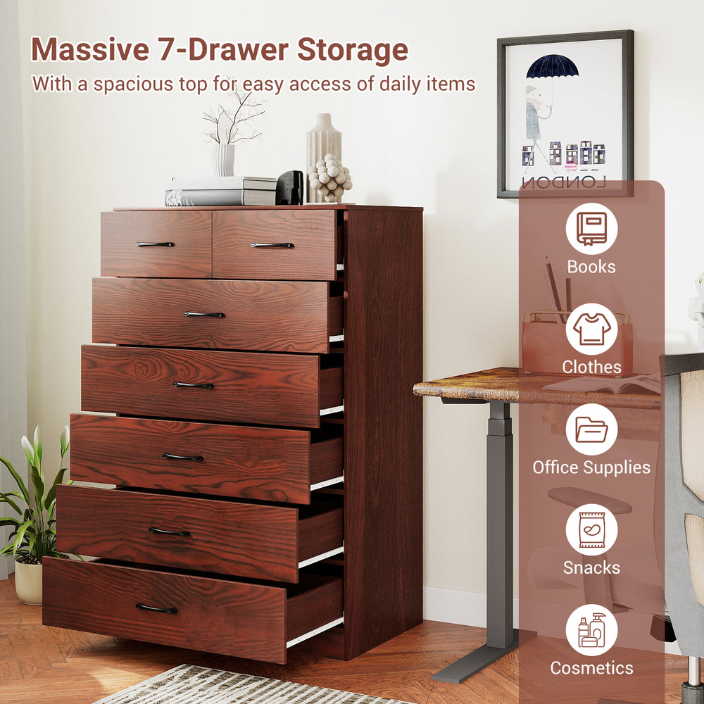 Wooden chest of drawers with 7 spacious drawers and metal handles, perfect for organizing clothes and office supplies.