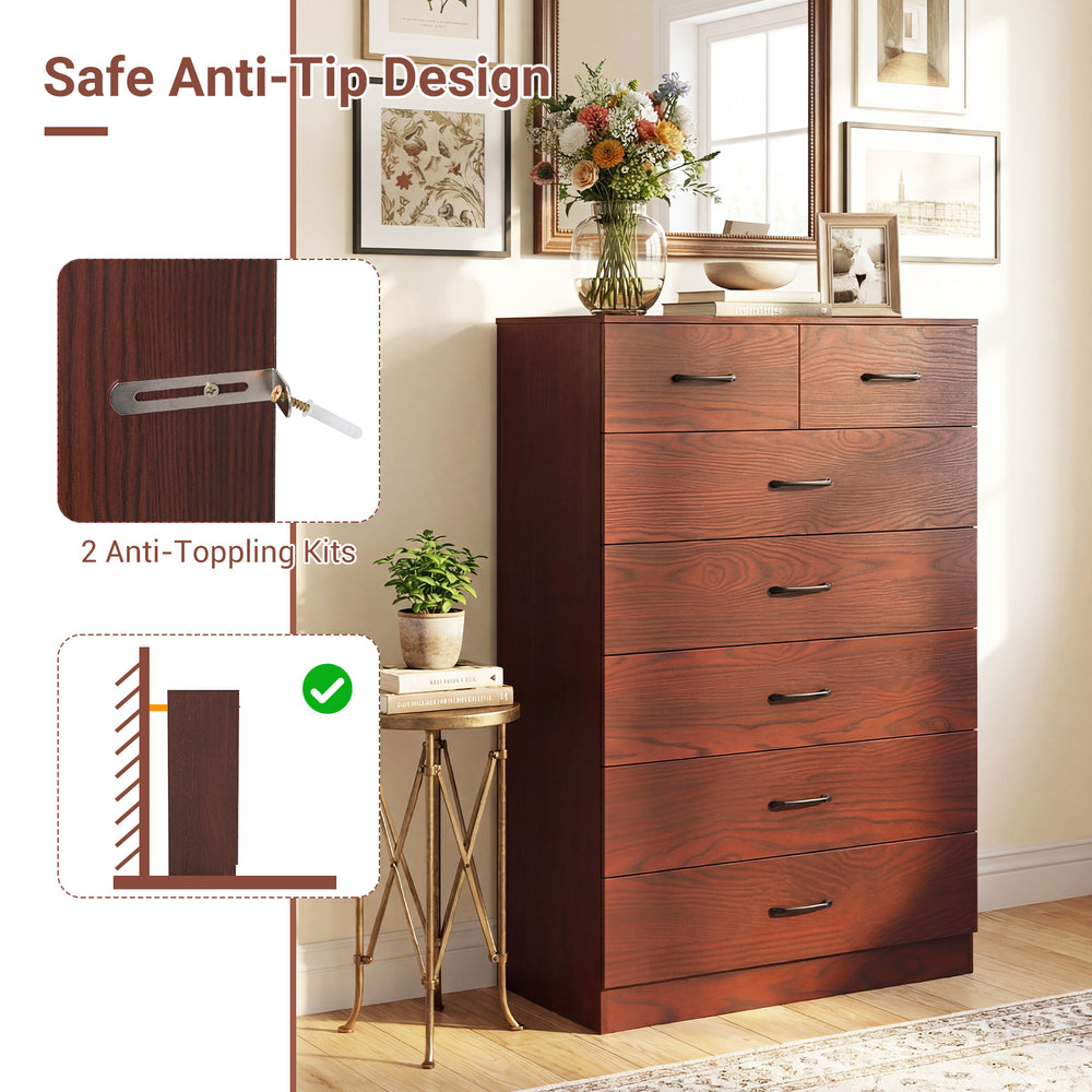 Wooden chest of drawers with 7 spacious drawers, metal handles, and anti-toppling device for safe, stylish storage.