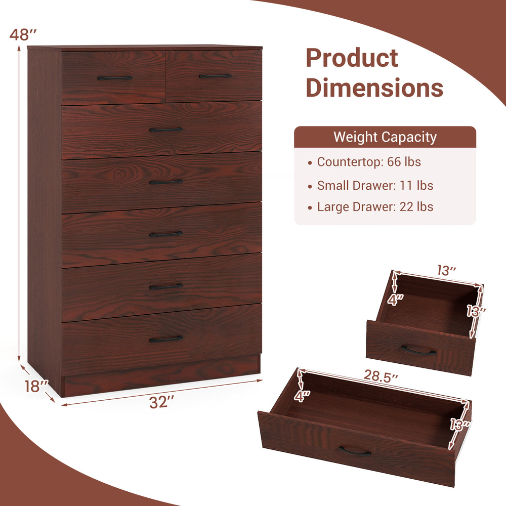 Wooden chest of drawers with 7 storage compartments, metal handles, and anti-toppling device, ideal for bedroom.