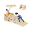 Wooden climbing toy triangle climber set with a seesaw and colorful rocks, designed for active play and skill.