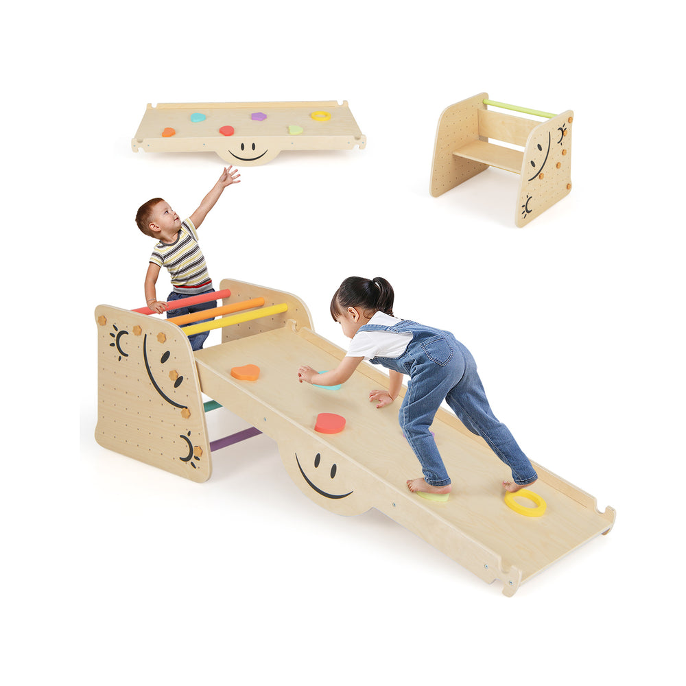 Wooden climbing toy triangle climber set with a seesaw and colorful rocks, designed for active play and skill.