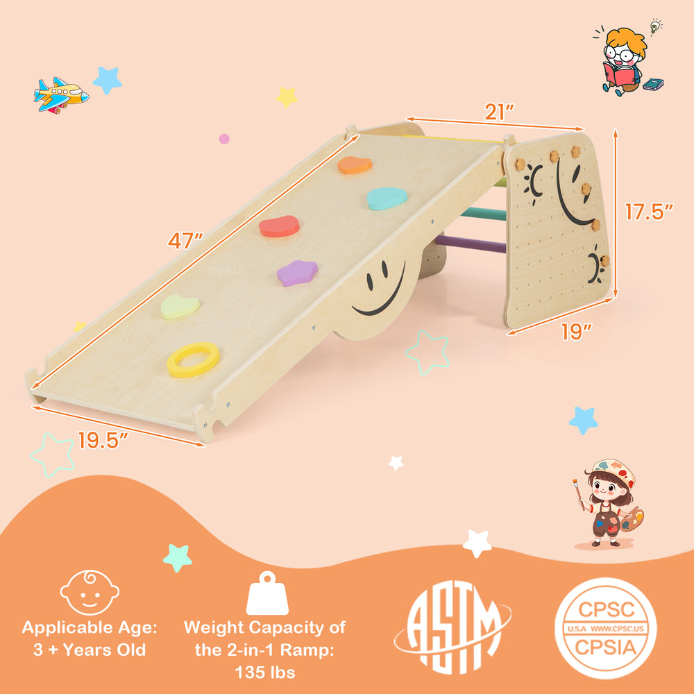 Wooden climbing toy triangle climber set with multicolor rocks, adjustable height, and stable triangular structure for.