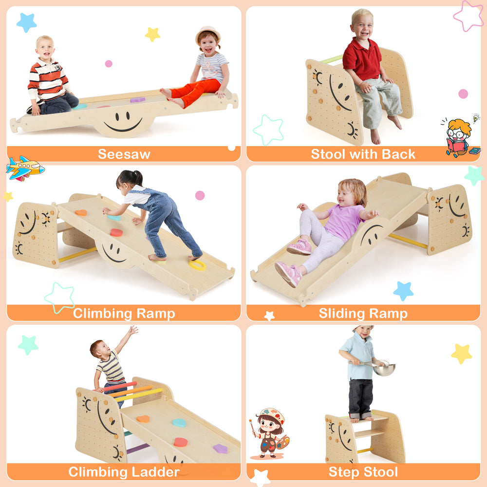 Wooden climbing toy triangle climber set featuring a colorful seesaw and adjustable height for kids' fun and safety.