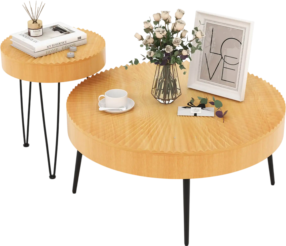 Round wooden coffee tables with metal legs, featuring a radial pattern, perfect for cups and decor in any living space.