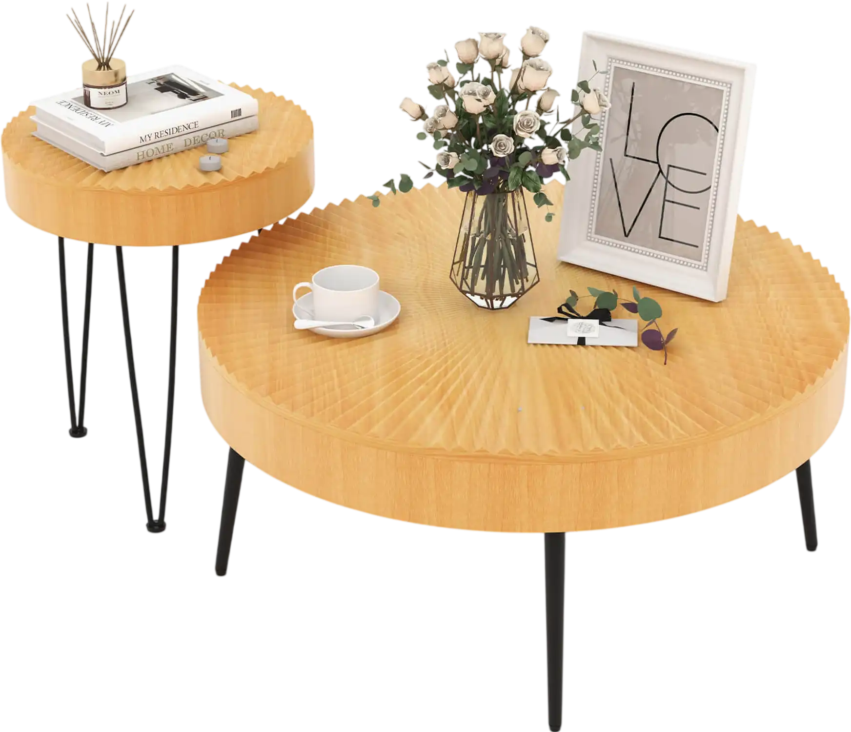 Costway Set of 2 Boho Round Coffee Tables Solid Pine Wood Top Metal Legs 82517946 New