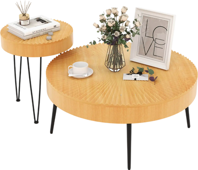Costway Set of 2 Boho Round Coffee Tables Solid Pine Wood Top Metal Legs 82517946 New