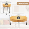 Dimensions of a 2-piece wooden coffee table set with metal legs, featuring a radial pattern and adjustable foot pads.