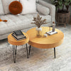 Two wooden coffee tables with radial pattern and metal legs, perfect for cups and magazines in any living space.