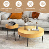 Wooden coffee tables with metal legs featuring a radial pattern, sturdy design, and adjustable foot pads for versatile.