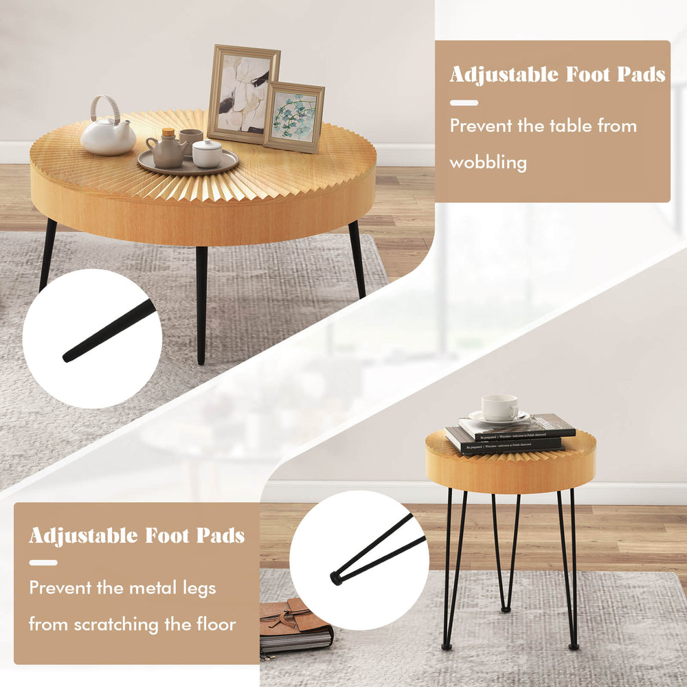 Wooden coffee table set with metal legs, radial pattern, and adjustable foot pads for stability and floor protection.