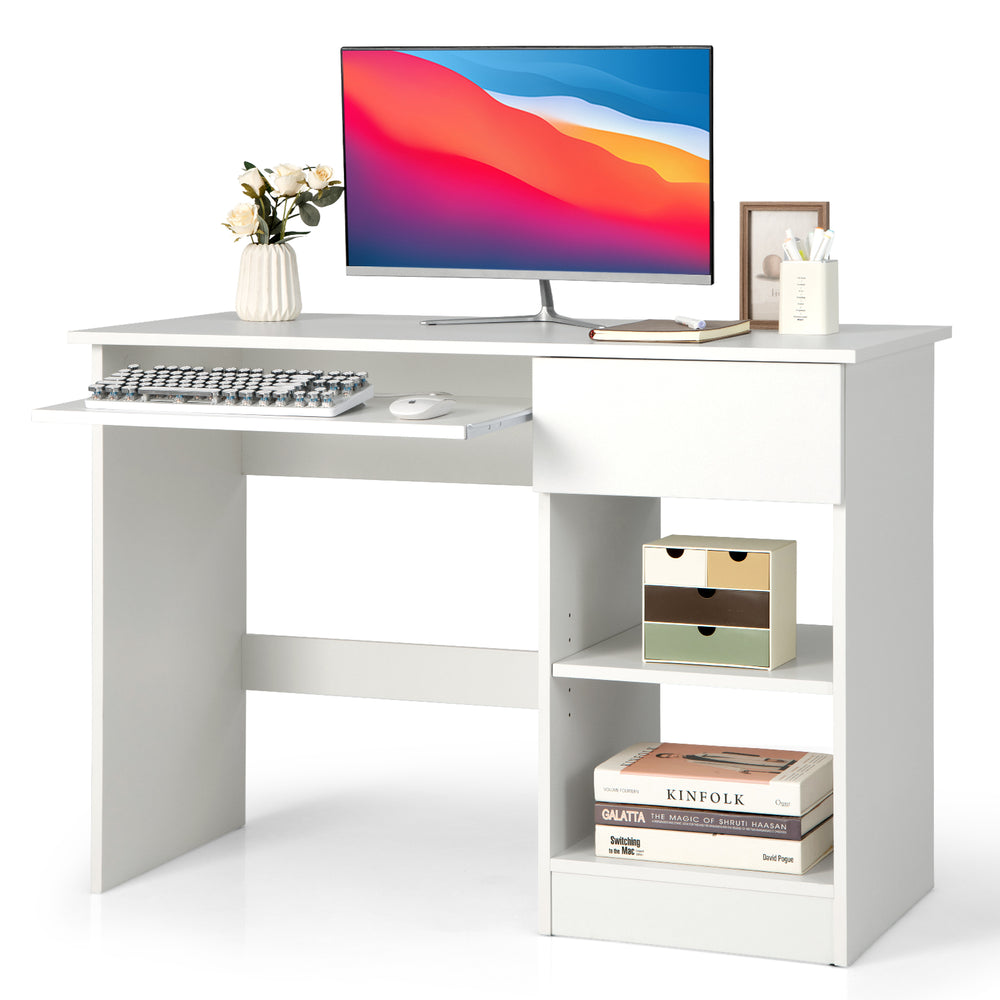 Wooden computer desk in white with adjustable upper shelf, keyboard tray, and open storage for efficient workspace.