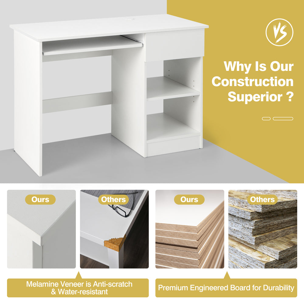 Wooden computer desk in white with adjustable upper shelf, pull-out drawer, and convenient cable management features.