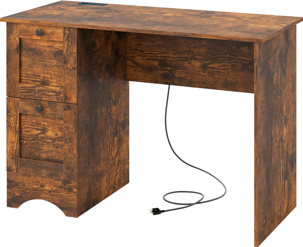 Rustic brown wooden computer desk with 3 drawers and large tabletop, ideal for home office or study use.
