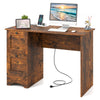 Wooden computer desk workstation in rustic brown with large tabletop and three drawers, ideal for home and office use.