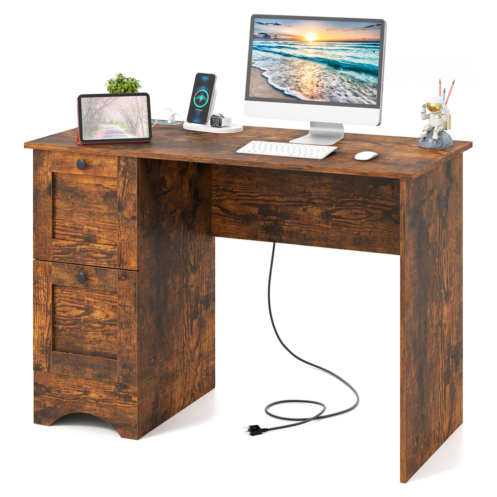 Wooden computer desk workstation in rustic brown with large tabletop and three drawers, ideal for home and office use.