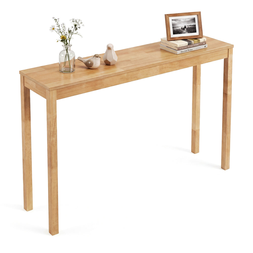 Wooden console table with a thickened natural top, perfect for displaying decor in narrow spaces.