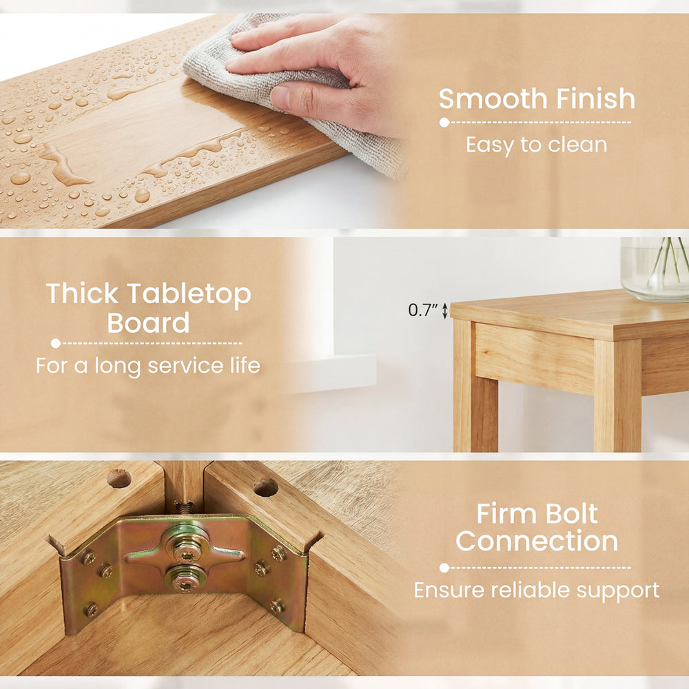 Close-up of the wooden console table's smooth finish and thick tabletop, showcasing its durable design for modern.