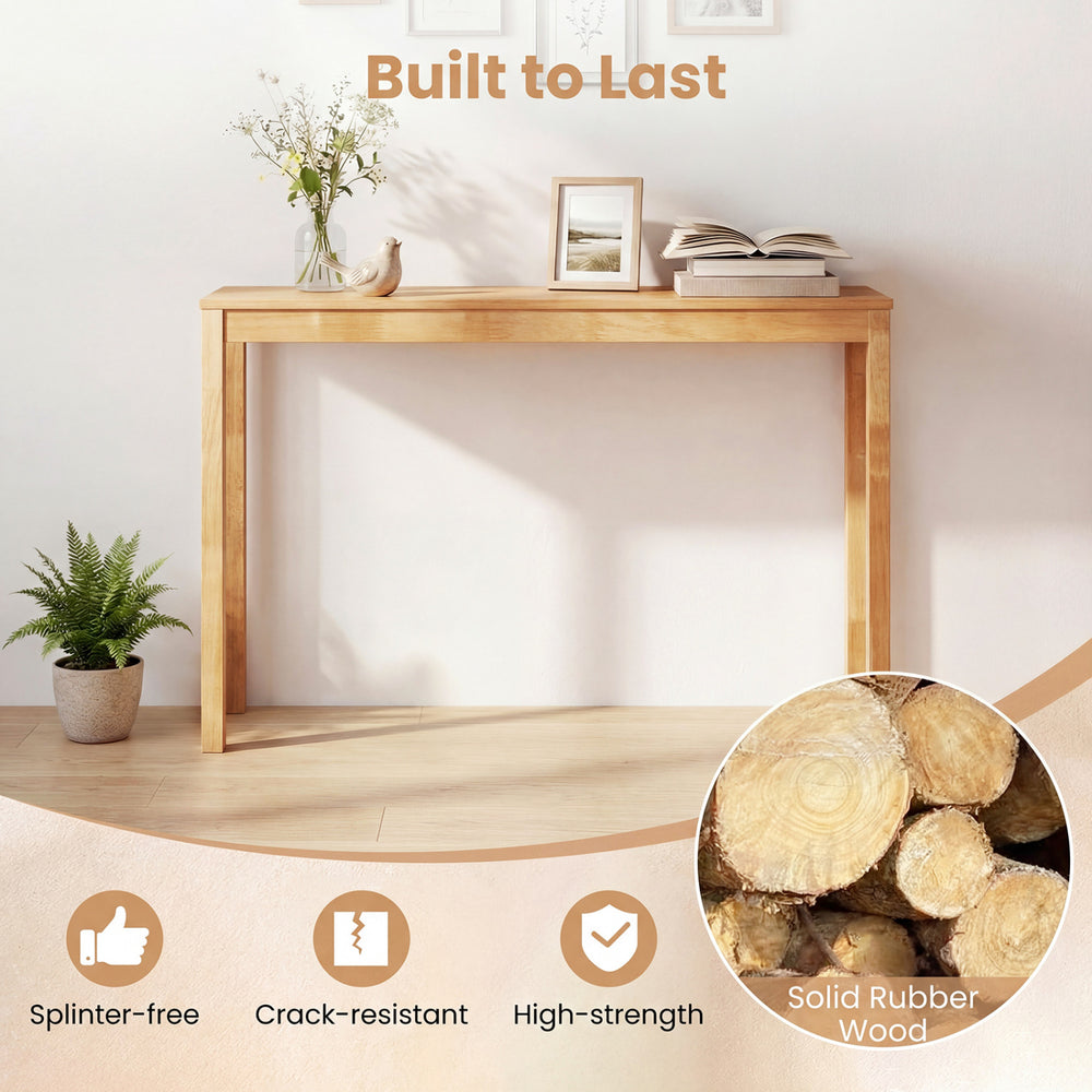 Modern farmhouse wooden console table with solid rubber wood, featuring a thickened top for durability and narrow.