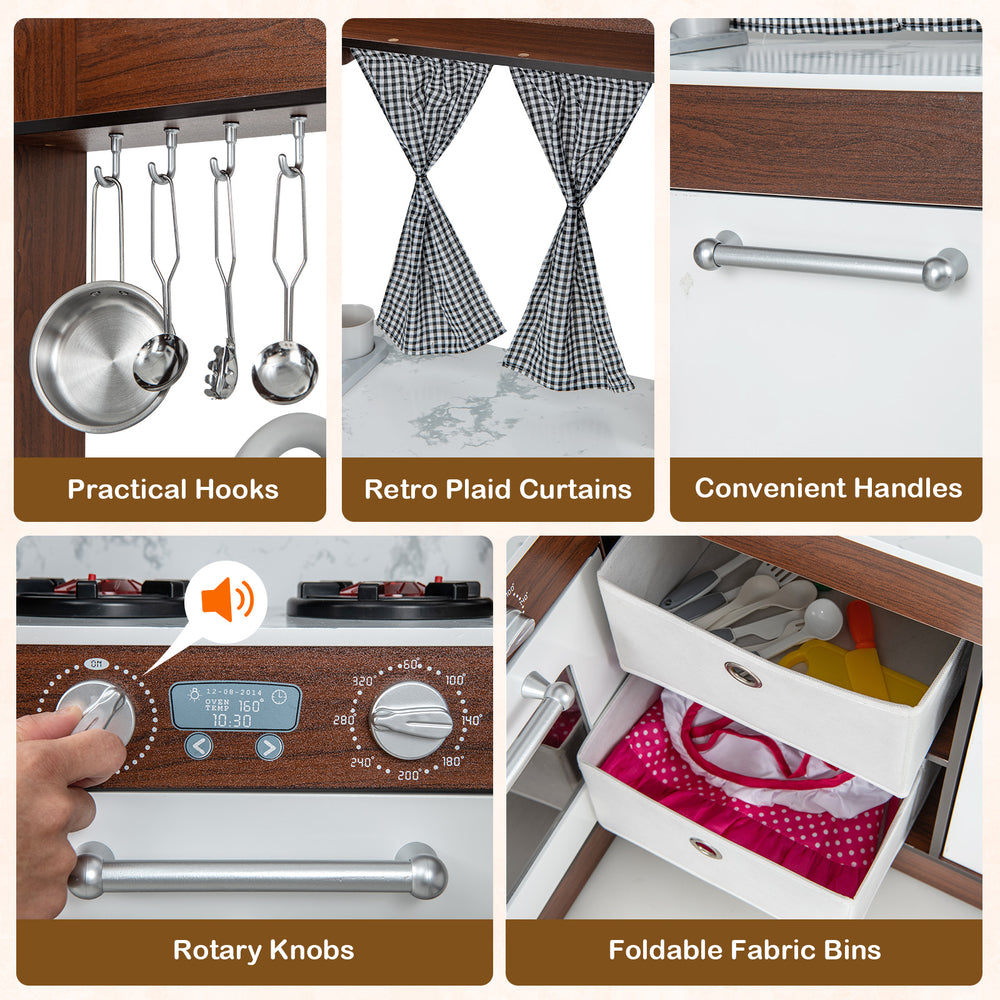 Wooden corner play kitchen with rotary knobs, practical hooks, and retro plaid curtains for imaginative play and.