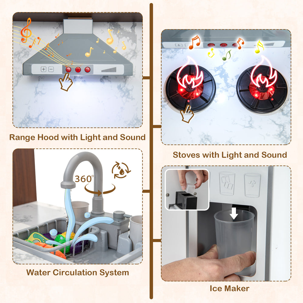Wooden corner play kitchen featuring a water circulation system, light and sound stoves, and realistic ice maker for.