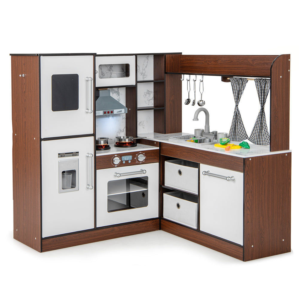 Wooden corner play kitchen in brown with a microwave, oven, and spacious storage for kids' role-playing and.