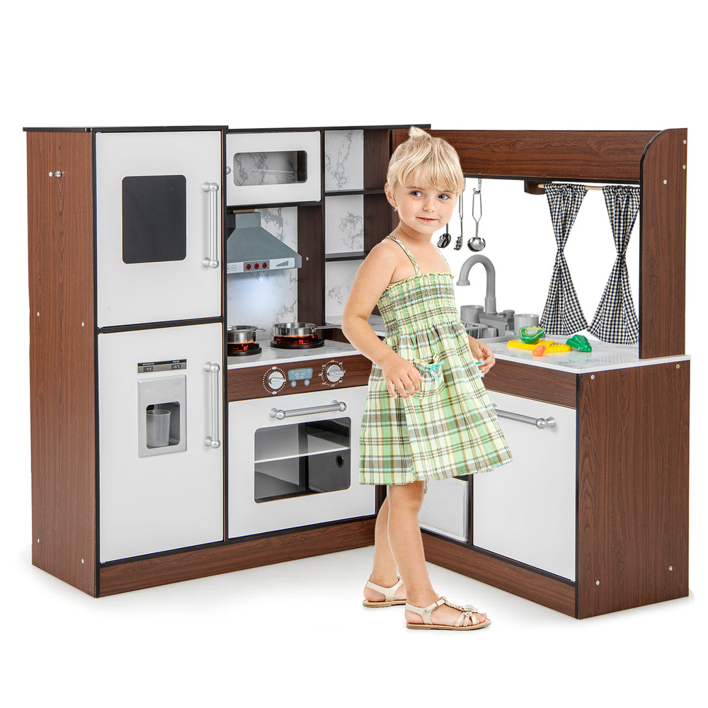 Wooden corner play kitchen in brown with water circulation system, lights, and realistic accessories for imaginative.