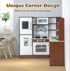 Wooden corner play kitchen in brown with lights, water circulation, and realistic accessories for kids' imaginative.