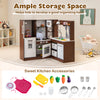 Wooden corner play kitchen in brown with water circulation system, lights, and sweet kitchen accessories for kids'.