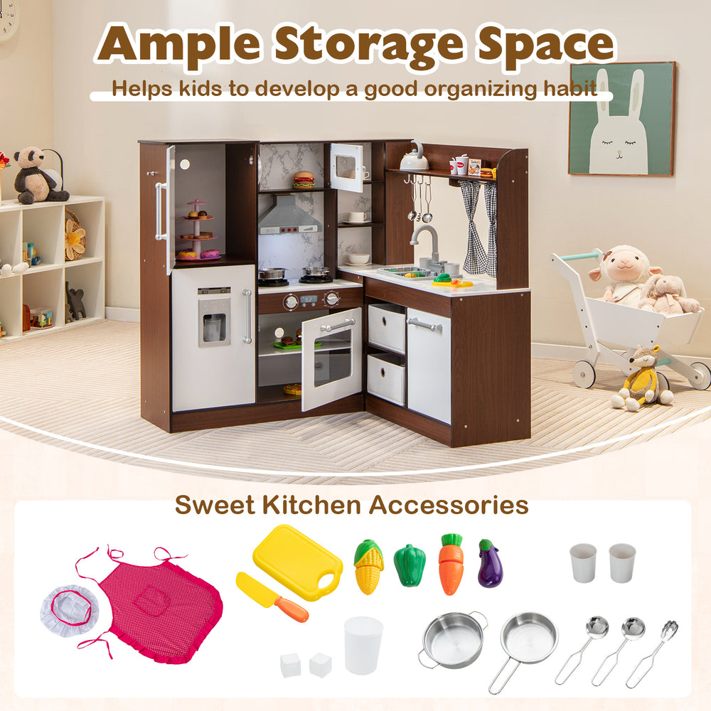 Wooden corner play kitchen in brown with water circulation system, lights, and sweet kitchen accessories for kids'.
