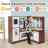 Wooden corner play kitchen in brown with lights, water circulation, and accessories for imaginative play and skill.