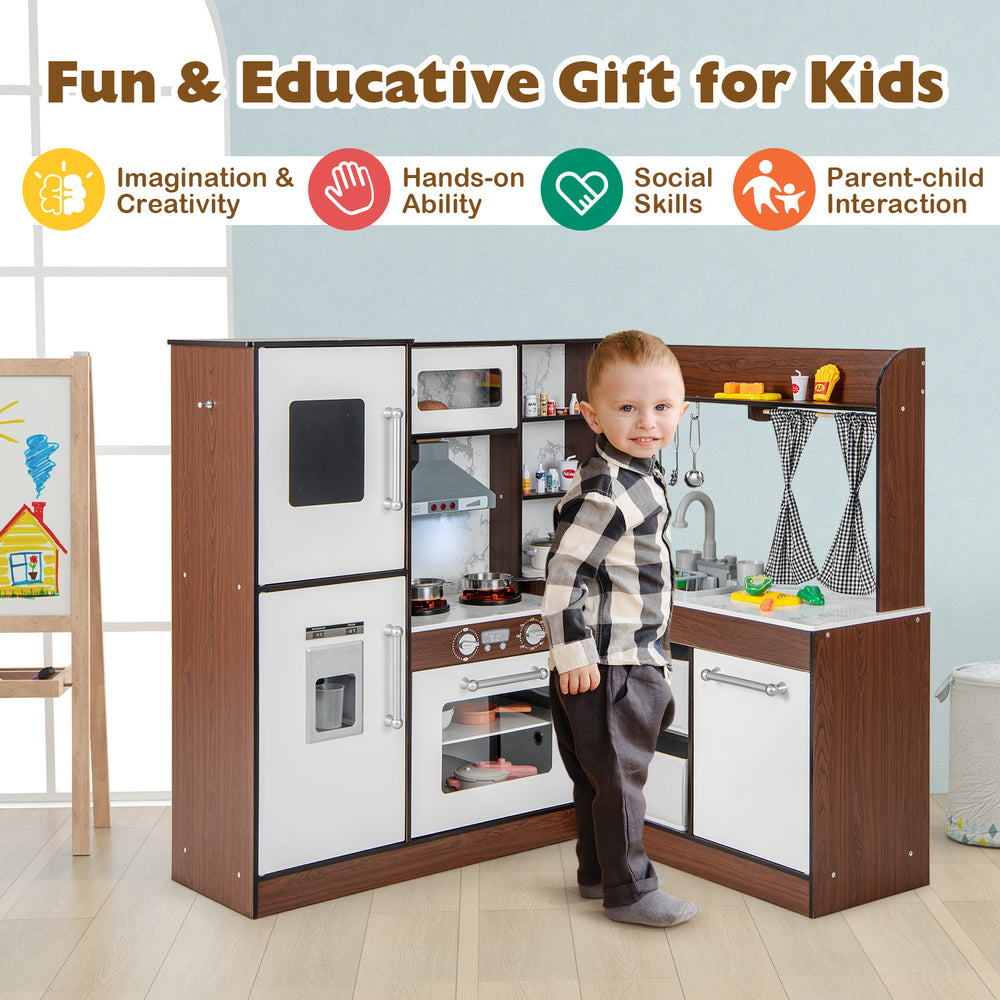 Wooden corner play kitchen in brown with lights, water circulation, and accessories for imaginative play and skill.