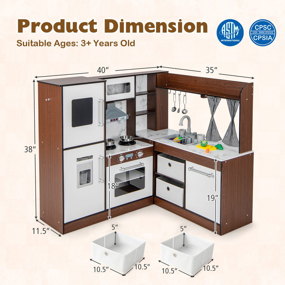 Wooden corner play kitchen with a spacious countertop and foldable fabric bins for organized play and creativity.