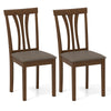 Set of 2 brown wooden dining chairs with linen fabric upholstery and curved backrests for comfortable seating.
