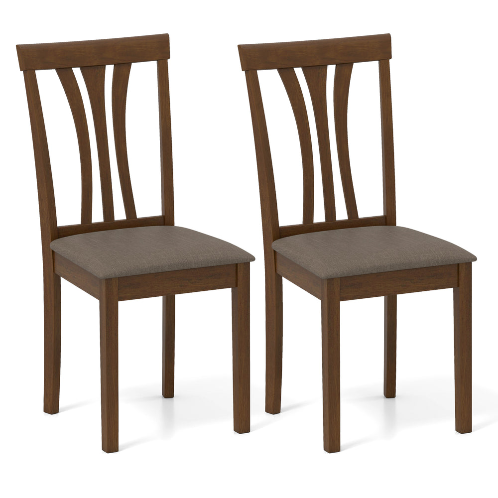 Set of 2 brown wooden dining chairs with linen fabric upholstery and curved backrests for comfortable seating.