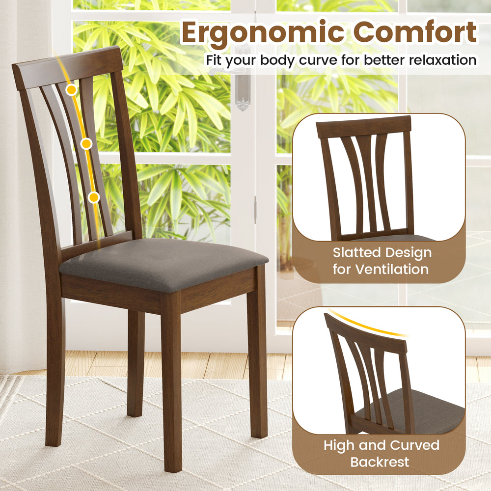 Wooden dining chair with ergonomic curved backrest and slatted design, upholstered in breathable linen fabric, ideal.