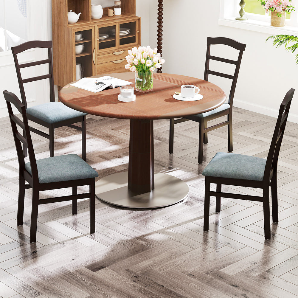 Wooden dining chair set featuring two linen fabric upholstered chairs with ergonomic backrests, perfect for home or.