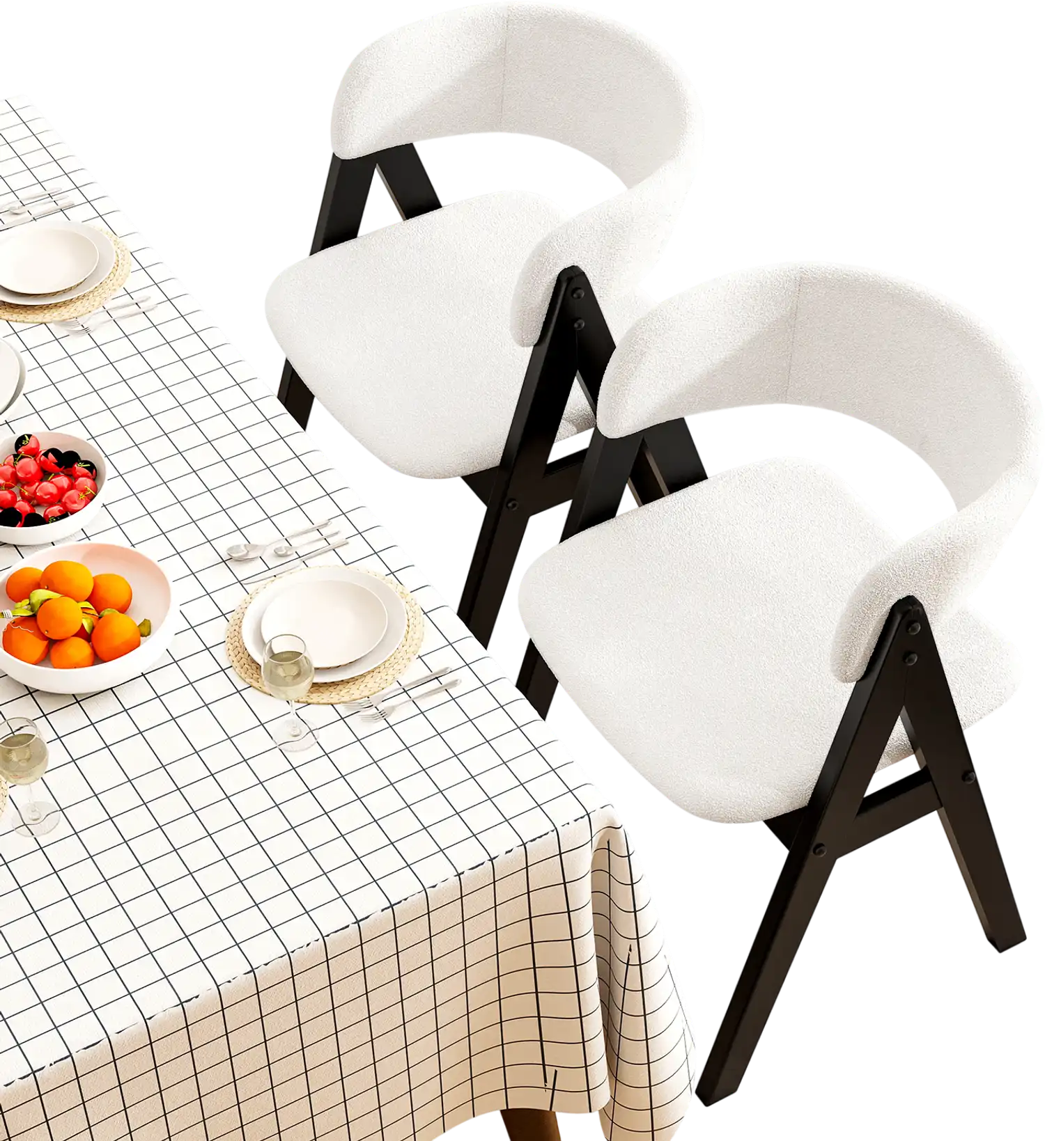 Costway Set of 2 Mid-Century Modern Sherpa Upholstered Wooden Dining Chairs Black 213975684 New
