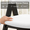 White faux sherpa upholstered dining chair with curved back and armrests, crafted from durable black rubber wood.